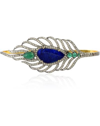 Artisan 18k Gold & 925 Silver In Opal Doublet With Emerald Pave Diamond The Peacock Feather Palm Bracelet - Blue