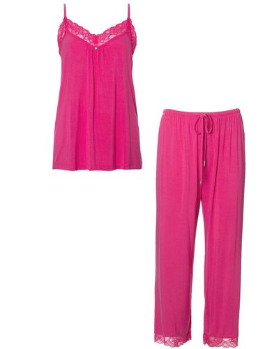 Pretty You London Bamboo Lace Cami Cropped Trouser Set In Raspberry - Pink
