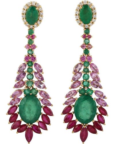 Artisan Yellow Gold Emerald Ruby Sapphire Diamond Dangle Earrings Designer Jewelry - Green
