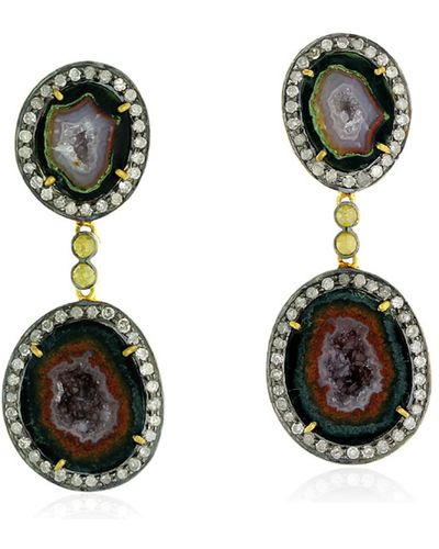 Artisan Gemstone Pave Diamond 18k Gold Dangle Earrings 925 Sterling Silver Jewellery - Black