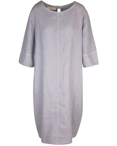 Haris Cotton Keyhole Neckline Midi Linen Dress With Three Quarter Sleeve - Grey