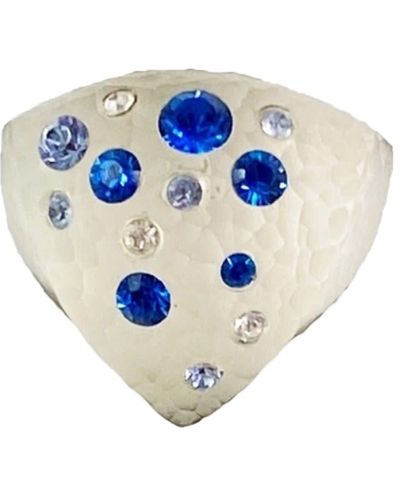 Gold & Honey Triangle Shield Ring With Swarovski Crystals In White - Blue