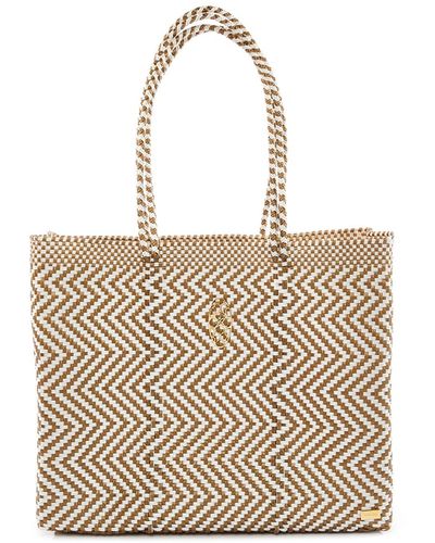 Lolas Bag Gold Chevron Travel Tote Bag With Clutch - Natural