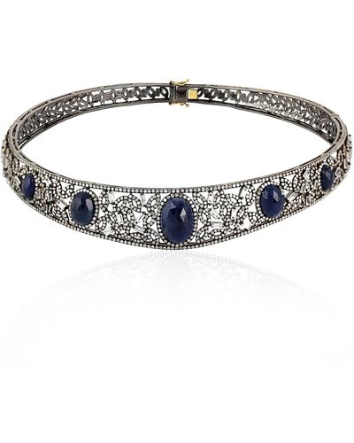 Artisan Solid Gold Oval Cut Sapphire & Pave Baguette Diamond Choker Necklace In 925 Silver - Metallic