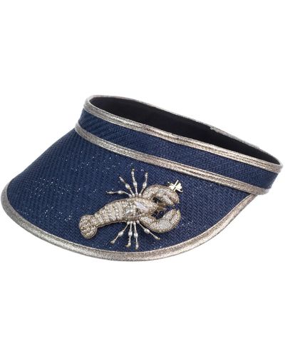 Laines London Straw Woven Visor With Beaded Lobster Brooch - Blue
