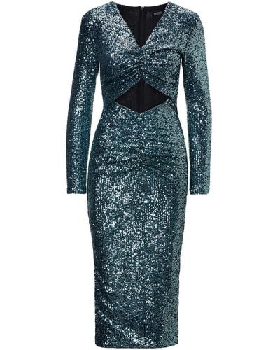 BLUZAT Turquoise Sequin Midi Dress With Cut-out And Gathered Detailing - Blue