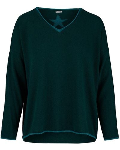 At Last Cashmere Mix Jumper In Forest With Teal V-neck & Star - Green