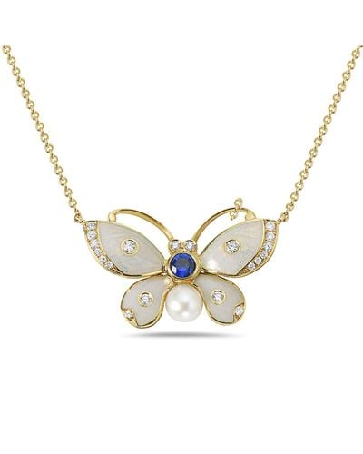 Artisan 18k Yellow Gold With Bezel Set Blue Sapphire & Diamond Designer Butterfly Necklace - Metallic