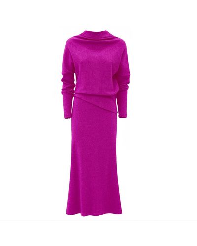 Julia Allert Rib Knit Suit Asymmetric Blouse & Basic Skirt Pink - Purple