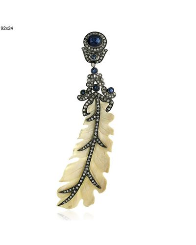 Artisan Carving Mammoth & Blue Sapphire With Pave Diamond In 18k Gold Silver Feather Pendant - Metallic