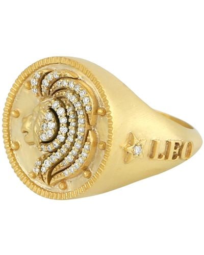Artisan 14k Solid Gold Leo Zodiac Astrology Sign Natural Diamond Ring Handmade - Metallic