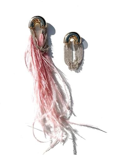 Babaloo Pink Feather Chain Mismatch Earrings