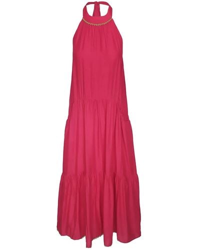 Haris Cotton Voile Viscose Maxi Halter Neck Dress With Lace - Pink