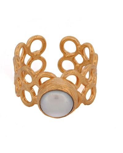 Ebru Jewelry Delicate Gold & Pearl Adjustable Ring - Metallic