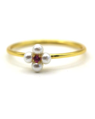 VicStoneNYC Fine Jewelry Flower Pearl With Red Ruby Gemstone Ring - Metallic