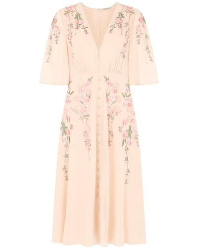Hope & Ivy Neutrals The Celina 3d Floral Embroidered Flutter Sleeve Plunge Front Button Midi Dress - Pink