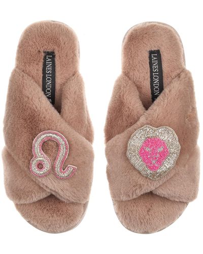 Laines London Classic Laines Slippers With Leo Zodiac Brooches - Natural