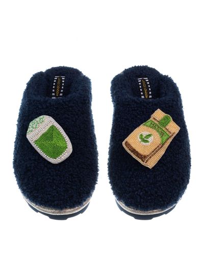 Laines London Teddy Closed Toe Slippers With Matcha Tea Brooches - Blue