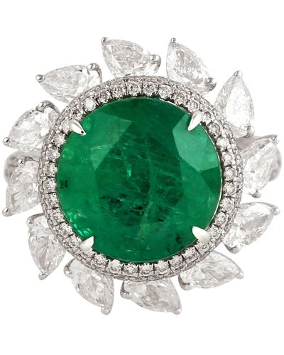 Artisan Round Emerald & Pear Cut Diamond In 18k White Gold Antique Cocktail Ring - Green