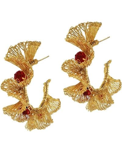 Lavish by Tricia Milaneze Ruby Red & Gold Large Prisma Ruffled Hoops Handmade Crochet Earrings - Metallic