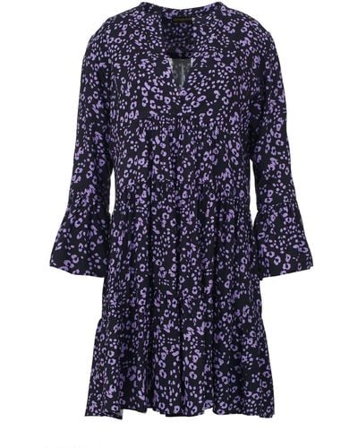 Conquista Purple & Black A Line Dress With Bell Sleeves - Blue