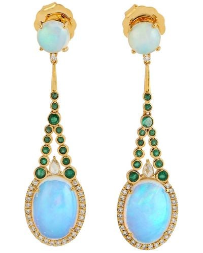 Artisan 18k Gold Diamond Emerald Opal Ethiopian Designer Earrings - Blue