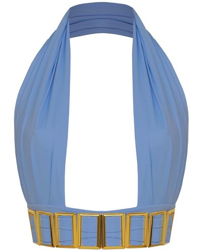 ANTONINIAS Petisa Halter Neck Bikini Top With Golden Details In - Blue