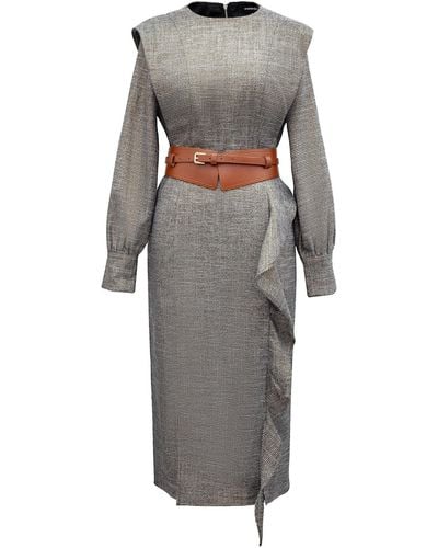 Smart and Joy Tailor Dress With Wide Shoulder And Vertical Ruffle - Gray