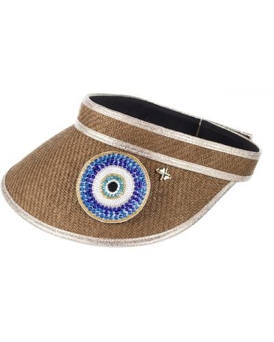 Laines London Straw Woven Visor With Embellished Couture Evil Eye Brooch - Blue