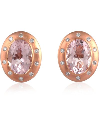 Artisan Natural Morganite Stud Earrings 18k Rose Gold Diamond Handmade Jewellery - Pink