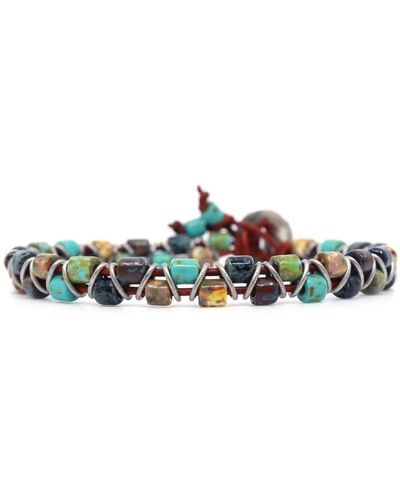 Shar Oke Turquoise, Yellow & Black Picasso Czech Beads & Red Leather Beaded Bracelet - Blue
