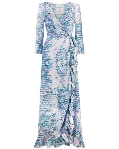 Sophia Alexia Aqua Pink Snake Maxi Ruffle Wrap Dress - Blue