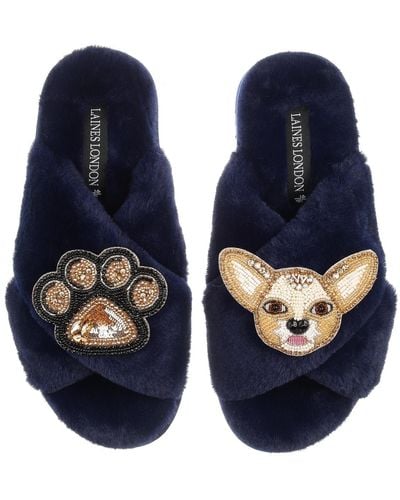 Laines London Classic Laines Slippers With Princess Chihuahua & Paw Brooches -navy - Blue