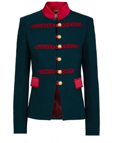 The Extreme Collection Premium Crepe Blazer With Red Embroideries And Crew Neck Renata - Green