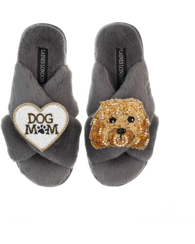 Laines London Classic Laines Slippers With Enki-doo & Dog Mum / Mom Brooches - Grey