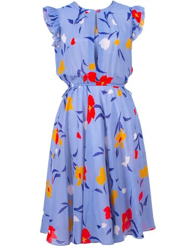 Sugar Cream Vintage Flowy Light Vintage Dress With Sleeveless Frill Design - Blue