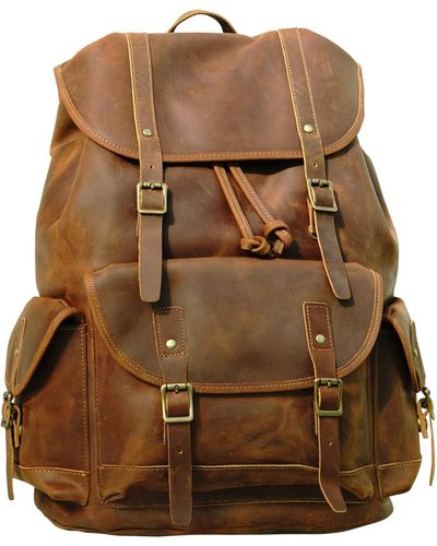 Touri Military Style Leather Backpack - Brown