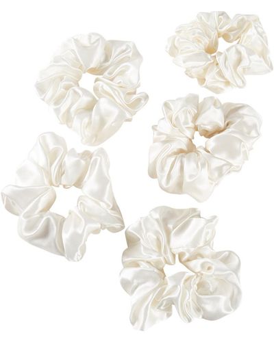 Soft Strokes Silk Pure Mulberry Silk French Scrunchie Set Of Five In - White