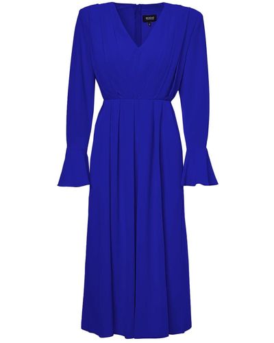 BLUZAT Electric Midi Dress With Pleats And Proeminent Shoulders - Blue