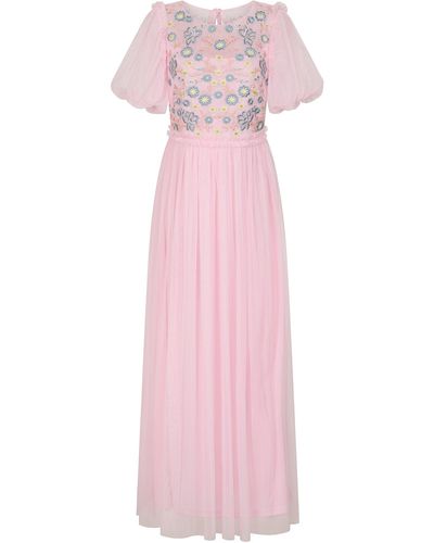Frock and Frill Laraline Puff Sleeve Maxi Dress With Floral Embroidery - Pink