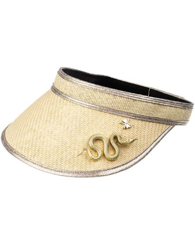 Laines London Neutrals Straw Woven Visor With Gold Metal Snake Brooch - Natural