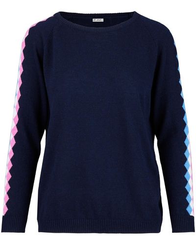 At Last Cashmere Mix Jumper In Navy With Multi Diamond Arm Stripe - Blue