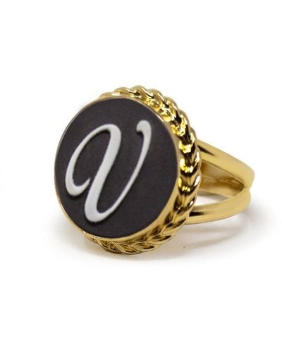 Vintouch Italy Gold Vermeil Black Cameo Ring Initial V - Metallic