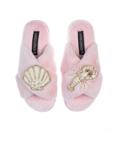 Laines London Classic Laines Slippers With Pearl Beaded Lobster & Shell Brooches - Pink
