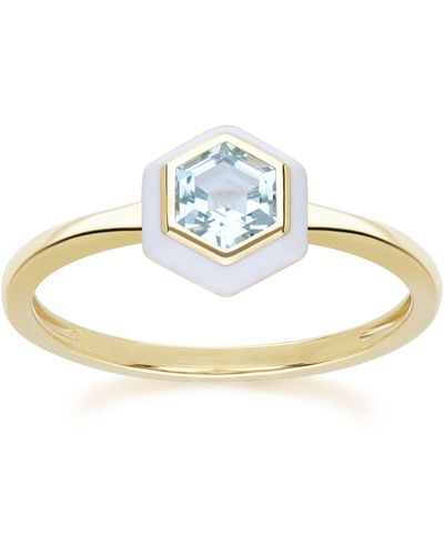 Gemondo Geometric Hex Blue Topaz & White Enamel Ring In Gold Plated Sterling Silver - Metallic