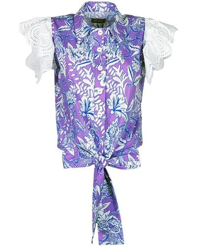 Lalipop Design Cotton Shirt With Ruffled Embroidered Sleeves - Blue