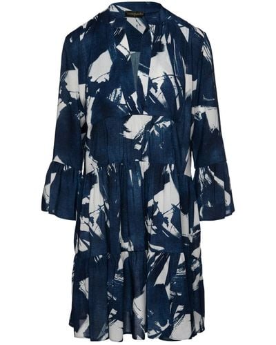 Conquista Navy & White A Line Dress With Bell Sleeves - Blue