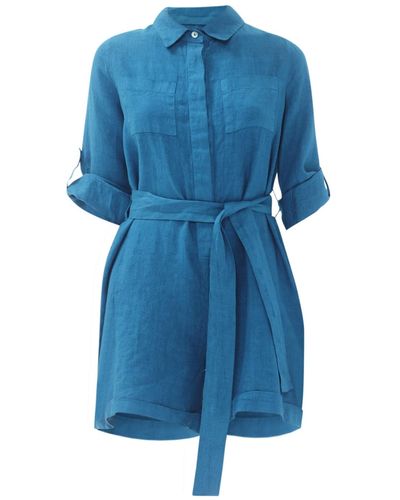 Haris Cotton Solid Belted Linen Shirt Romper - Blue