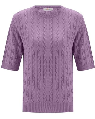 Peraluna Nicole Cable Knit Cashmere Blend Short Sleeve Blouse - Purple