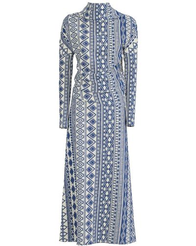 Julia Allert Textured Fabric Suit Asymmetric Blouse & Basic Skirt Printed - Blue